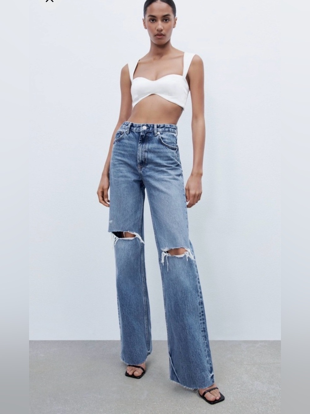 Zara Blue Distressed Wide-Leg Jeans